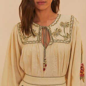 Farm Rio Sand Tropical Flower Embroidered LENZING™ ECOVERO™ Euroflax™ Blouse